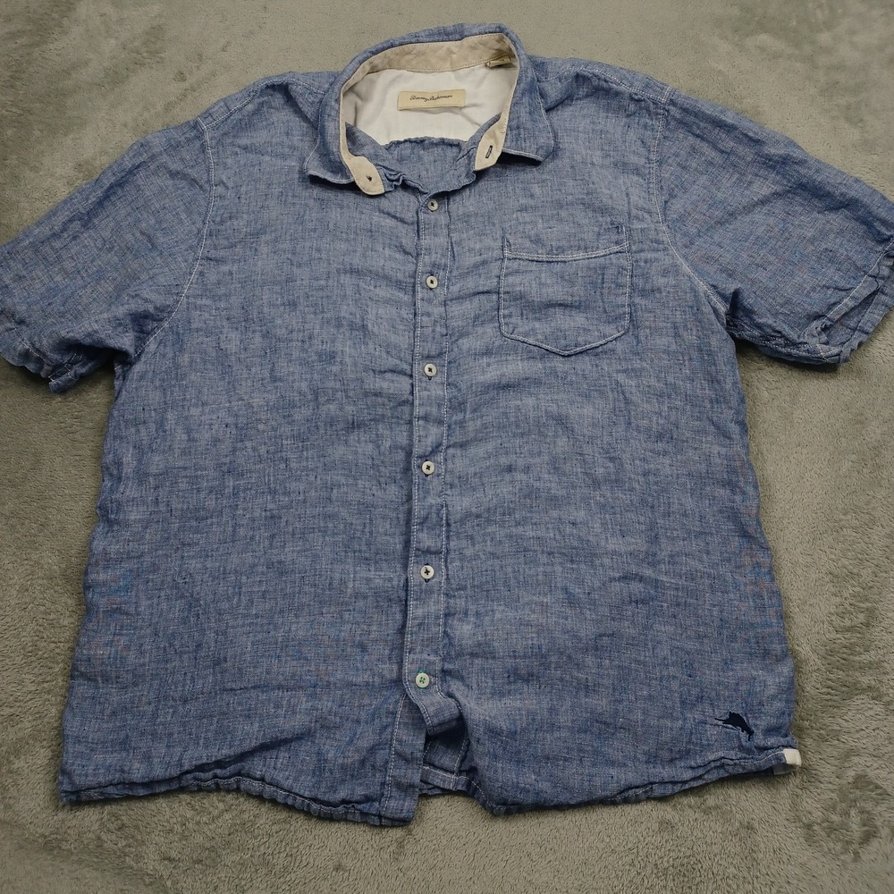 Tommy Bahama Shirt Mens‎ Xl Blue Linen Button Up Short Sleeve Preppy
